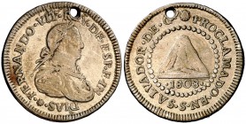1808. Fernando VII. San Salvador de Guatemala. Medalla de proclamación. (Ha. 76). 3,25 g. 21 mm. AG. Perforación. escasa. MBC.