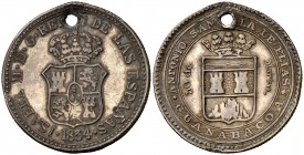 1834. Isabel II. Guanabacoa. Medalla de Proclamación. (Ha. 41). 6,27 g. 25 mm. AG. Perforación. Escasa. (MBC-).