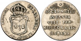 1834. Isabel II. Habana. Medalla de Proclamación. (Ha. 46). 3,80 g. AG. Incisiones en anverso. Escasa. MBC-.