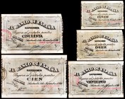 1936. Santander. 5, 10, 25, 50 y 100 pesetas. (Ed. C26d, C27, C28c, C29e y C30a). 1 de noviembre. Serie de 5 billetes con diferentes antefirmas (uno s...