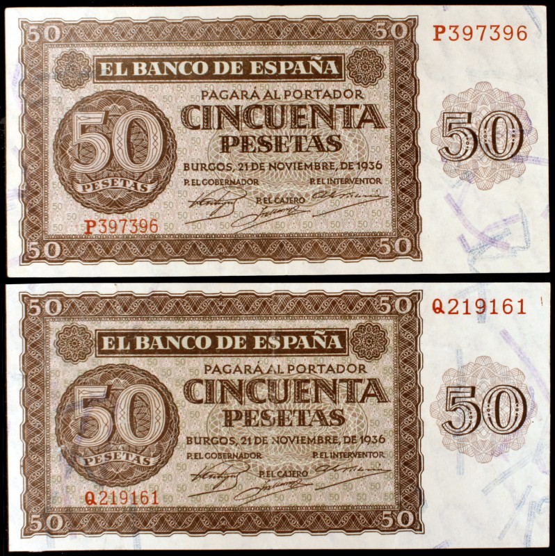 1936. Burgos. 50 pesetas. (Ed. F21a). 21 de noviembre. Lote de 2 billetes, serie...