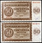 1936. Burgos. 50 pesetas. (Ed. F21a). 21 de noviembre. Lote de 2 billetes, series P y Q. Raros. MBC+/EBC.