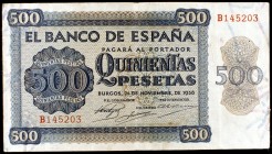 1936. Burgos. 500 pesetas. (Ed. D23a). 21 de noviembre. Serie B. Raro. MBC.