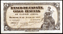 1937. Burgos. 5 pesetas. (Ed. D25a). 18 de julio. Serie C. Escaso. MBC+.