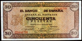 1938. Burgos. 50 pesetas. (Ed. D32a). 2 de mayo. Serie C. Raro. MBC+.