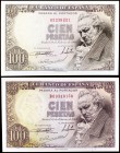 1946. 100 pesetas. (Ed. D52 y D52a). 19 de febrero, Goya. Lote de 2 billetes, sin serie y serie B. Escasos así. S/C-.