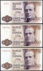 1979. 5000 pesetas. (Ed. E4 y E4a). 23 de octubre, Juan Carlos I. Lote de 3 billetes, sin serie y una pareja. S/C-.