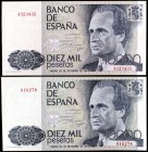 1985. 10000 pesetas. (Ed. E7 y E7a). 24 de septiembre, Juan Carlos I. Lote de dos billetes sin serie. S/C-.
