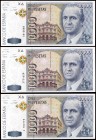 1992. 10000 pesetas. (Ed. E11 y E11a). 12 de octubre, Juan Carlos I. Lote de 3 billetes, dos sin serie y uno serie A. S/C-.