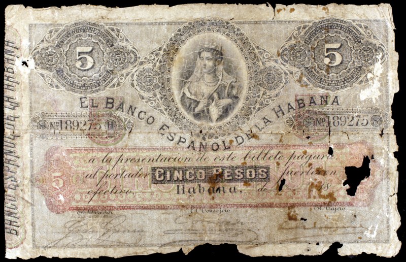 18(...). Banco Español de la Habana. 5 pesos. (Ed. C14). Habana. Roído por los g...