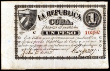 1869. La República de Cuba. 1 peso. (Ed. CU28). 10 de julio. Matriz lateral izquierda. Escaso. MBC-.