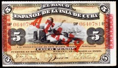 1896. Banco Español de la Isla de Cuba. 5 pesos. (Ed. CU78 var). Habana, 15 de mayo. Sobrecarga PLATA en anverso y reverso. Raro. EBC.