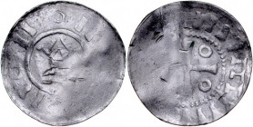Denar typu OAP XI w., imitacja, Av.: Kapliczka, dookoła imitacja napisu, Rv.: Krzyż grecki, dookoła imitacja napisu.