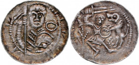 Władysław II Wygnaniec 1138-1146, Denar, A.: Książę z proporcem i tarczą, w polu kółko, Rv.: Walka z lwem.