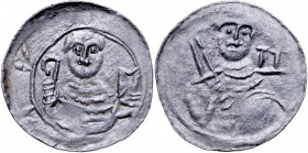 Władysław II Wygnaniec 1138-1146, Denar, Av.: Książę z mieczem i tarczą, w polu leżąca litera E, Rv.: Biskup z pastorałem i biblią.