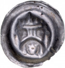 Brakteat guziczkowy II poł. XIII w., nieokreślona dzielnica, Av.: Brama, na łuku baszta, po bokach dwa długie krzyże, pod łukiem głowa.