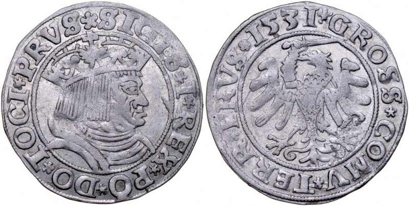 Zygmunt I Stary 1506-1548, Grosz 1531, Toruń. Kop. 3086, Gum. 527, tło z połyski...