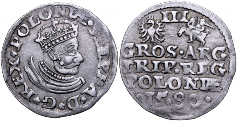 Stefan Batory 1576-1586, Trojak 1580, Olkusz. RRR. Kop. 506 R8, Iger O.80.7.f R6...