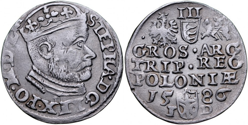 Stefan Batory 1576-1586, Trojak 1586, Olkusz. Kop. 537, Gum. 717, patyna, ciekaw...