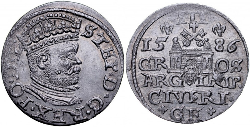Stefan Batory 1576-1586, Trojak 1586, Ryga. Kop. 8097, Iger R.86.2.d, Gerb. 2, o...