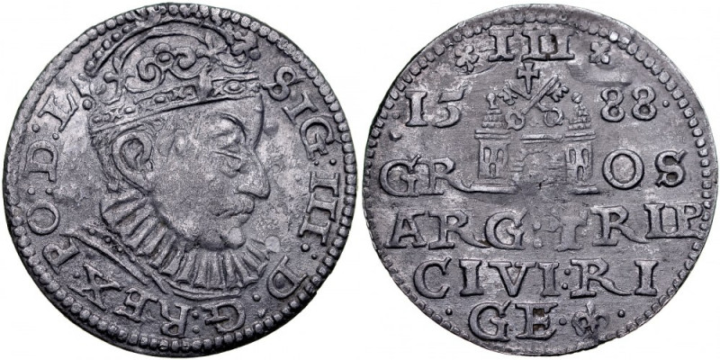 Zygmunt III 1587-1632, Trojak 1588, Ryga. Kop. 8177, Iger R.88.2.a, szara patyna...