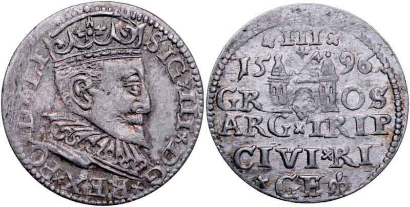 Zygmunt III 1587-1632, Trojak 1596, Ryga. Kop. 8192, Iger R.96.1, połysk mennicz...