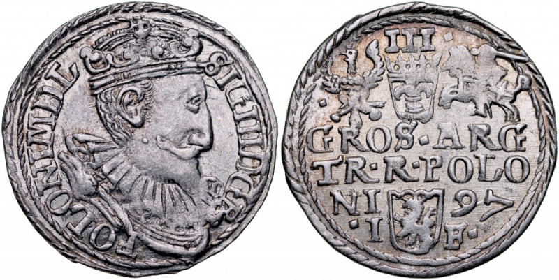 Zygmunt III 1587-1632, Trojak 1597, Olkusz. Kop. 1055, Iger O.97.2.var, Gum. 105...