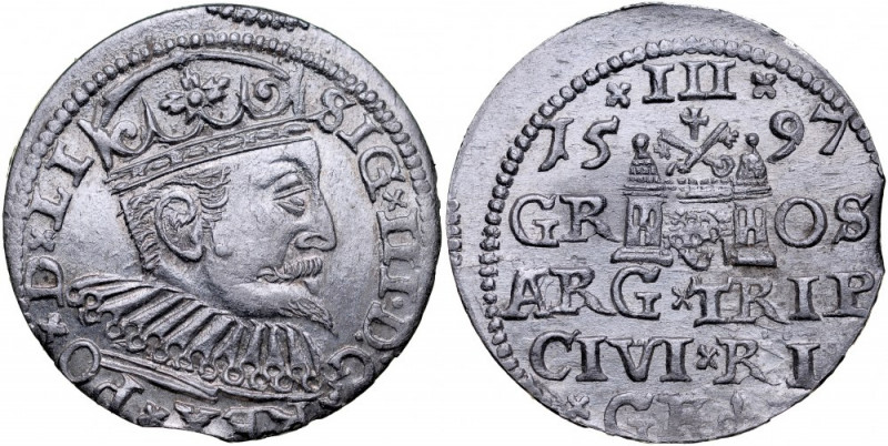 Zygmunt III 1587-1632, Trojak 1597, Ryga. Kop. 8193, Iger R.97.1, Gerb. 1, ładny...