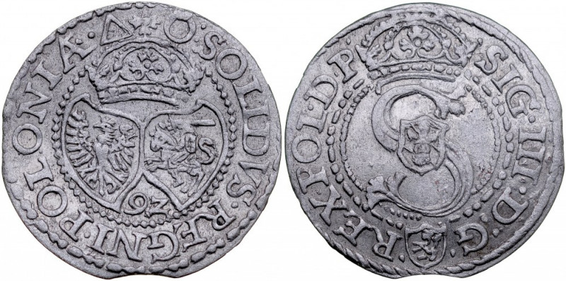 Zygmunt III 1587-1632, Szeląg 1592, Malbork. Kop. 620, Gum. 838, ostra, połyskow...