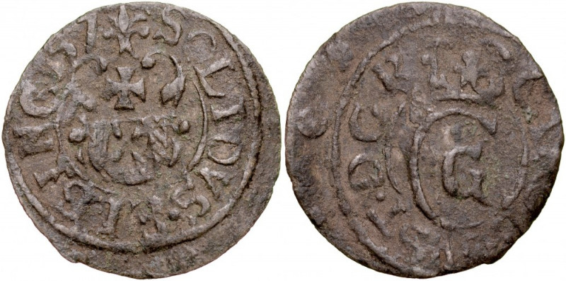 Karol X Gustaw 1654-1660, Szeląg 1657, Elbląg, RRR. Kop. 9655, Ahl. 65, tłoczony...