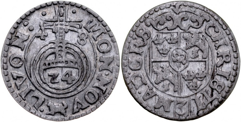 Krystyna 1632-1654, Półtorak 1648, Ryga. AHL 23, połysk menniczy, patyna. 
Grad...