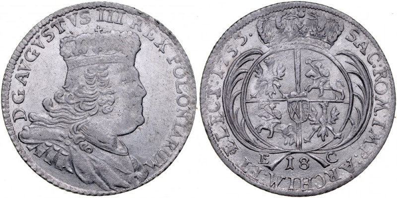 August III 1733-1763, 18 groszy 1753, Lipsk. Kop. 2108, Gum. 2156, piękny, śwież...