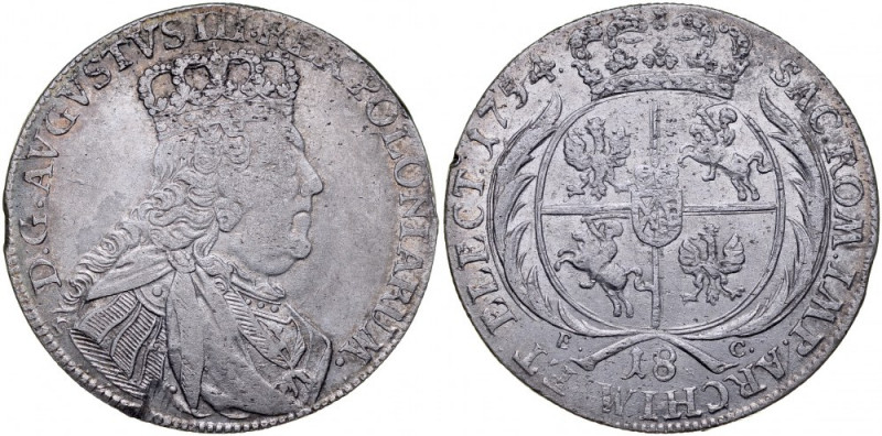 August III 1733-1763, 18 groszy 1754, Lipsk. Kop. 2111, Kam 800, Gum. 2158, poły...