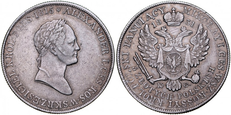 Zabór Rosyjski, Mikołaj I 1826-1855, 5 złotych 1831 K-G Warszawa. Kop. 2710, Pla...