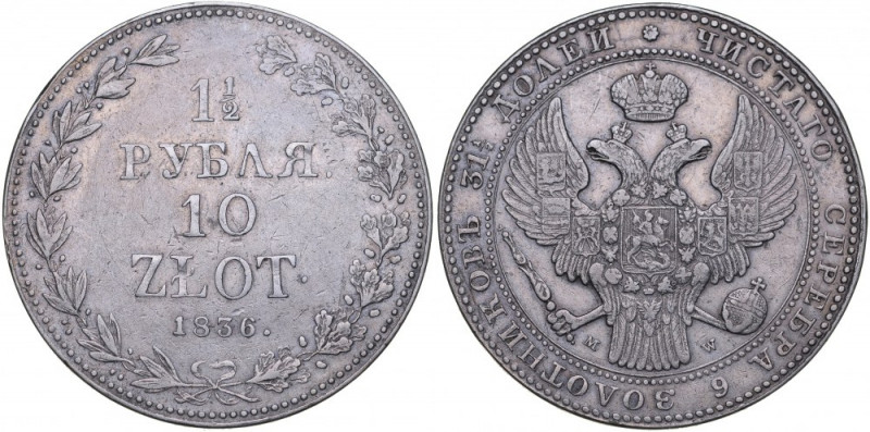 Zabór Rosyjski, Mikołaj I 1826-1855, 1 1/2 rubla, 10 złotych 1836 MW, Warszawa. ...