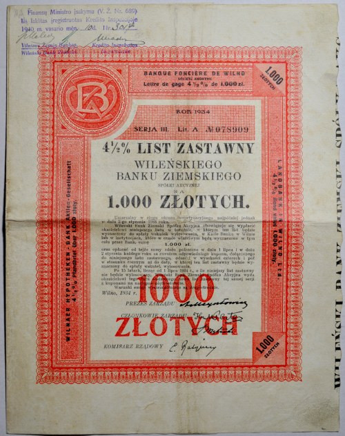 II RP, List zastawny Wileńskiego Banku Ziemskiego na 1000 złotych, Rok 1934, raz...