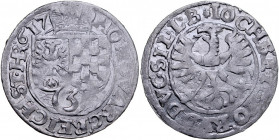Śląsk, Księstwo Legnicko-Brzesko-Wołowskie, Jan Chrystian i Jerzy Rudolf 1603-1621, 3 krajcary 1617, Złoty Stok.