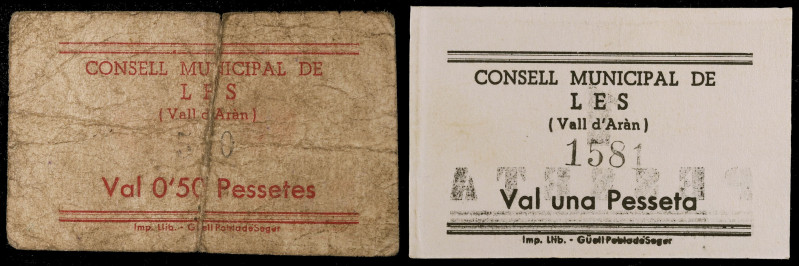 Lés. 50 céntimos y 1 peseta. (T. 1490 y 1491a). 2 cartones, serie completa. Los ...