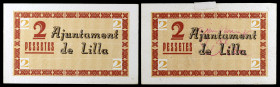 Lilla. 2 pesetas (dos). (T. 1492 y 1492d). Conjunto de 2 pruebas, una de ellas con Ajuntament de Lilla manuscrito en tinta roja en anverso del único b...
