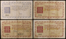 Linyola. 50 céntimos y 1 peseta (tres). (T. 1493, 1493b, 1493c y 1494). 4 billetes, una serie completa. Emisión "escudo grande". Raros. BC/BC+.