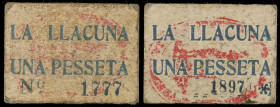 La Llacuna. 1 peseta (dos). (T. 1499 y 1499a). 2 cartones distintos. Raros. MBC/MBC+.