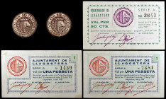Llagostera. 10 (dos), 50 céntimos y 1 peseta (dos). (T. 1515 a 1518 y 1518 var). 3 billetes y 2 cartones redondos, uno variante de color, todos los de...