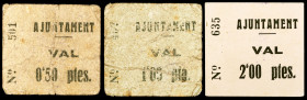 Llardecans. 50 céntimos, 1 y 2 pesetas. (T. 1519 a 1521). 3 cartones, serie completa. Nº 407, 501 y 635. Muy raros. BC/EBC.