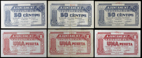Llavaneras. 50 céntimos (tres) y 1 peseta (tres). (T. 1526, 1526a, 1527 y 1527a). 6 billetes, 3 series completas, todos los de la localidad. Uno de 50...