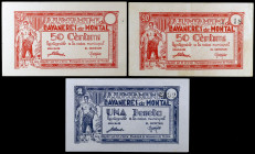 Llavaneres de Montalt. 50 céntimos (dos) y 1 peseta. (T. 1528a, 1529a y 1529b). 3 billetes, una serie completa, todos los de la localidad. Uno de 50 c...