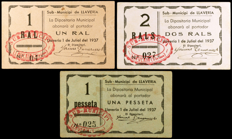 Llaveria. Sub-municipi. 1 peseta, 1 y 2 rals. (T. 1530 a 1532). 3 billetes, todo...