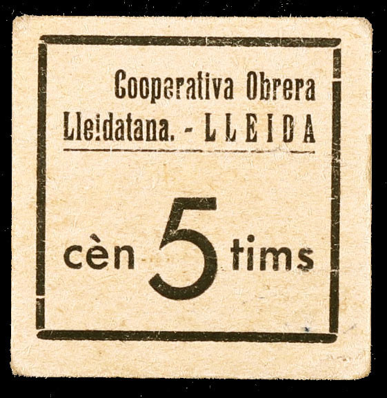 Lleida. Cooperativa Obrera Lleidatana. 5 céntimos. (AL. falta) (RGH. falta valor...