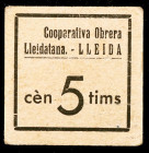 Lleida. Cooperativa Obrera Lleidatana. 5 céntimos. (AL. falta) (RGH. falta valor). Cartón. Raro. EBC-.