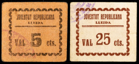 Lleida. Joventut Republicana. 5 y 25 céntimos. (AL. 3470 y 3471) (RGH. 8370 y 8372). 2 cartones. Raros. BC+/MBC+.
