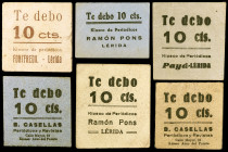 Lleida. 10 céntimos (seis). 6 cartones de diversos kioscos de periódicos, todos distintos, conocidos como "Te debo". Escritos en castellano. MBC-/MBC+...